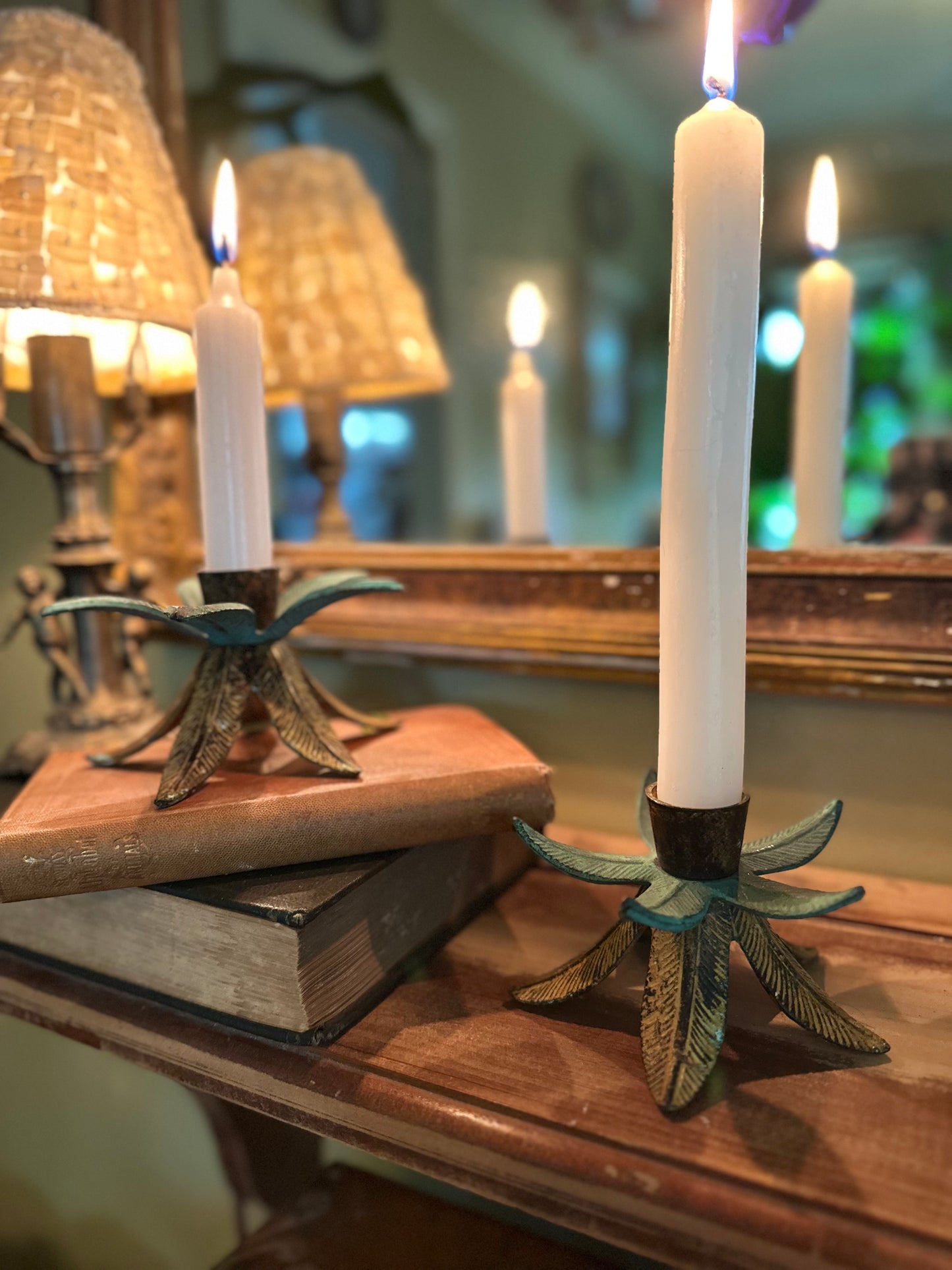 Vintage Bronze Palm Tree Taper Candle Holders (set of 2)
