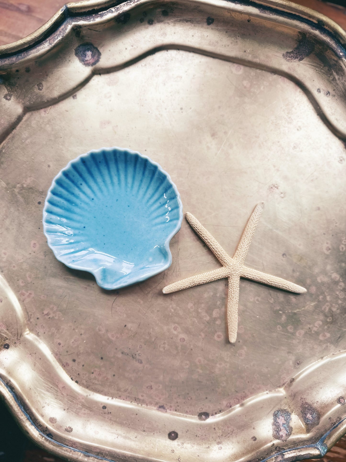 Vintage Ceramic Scallop Shell Trinket Dish and Starfish
