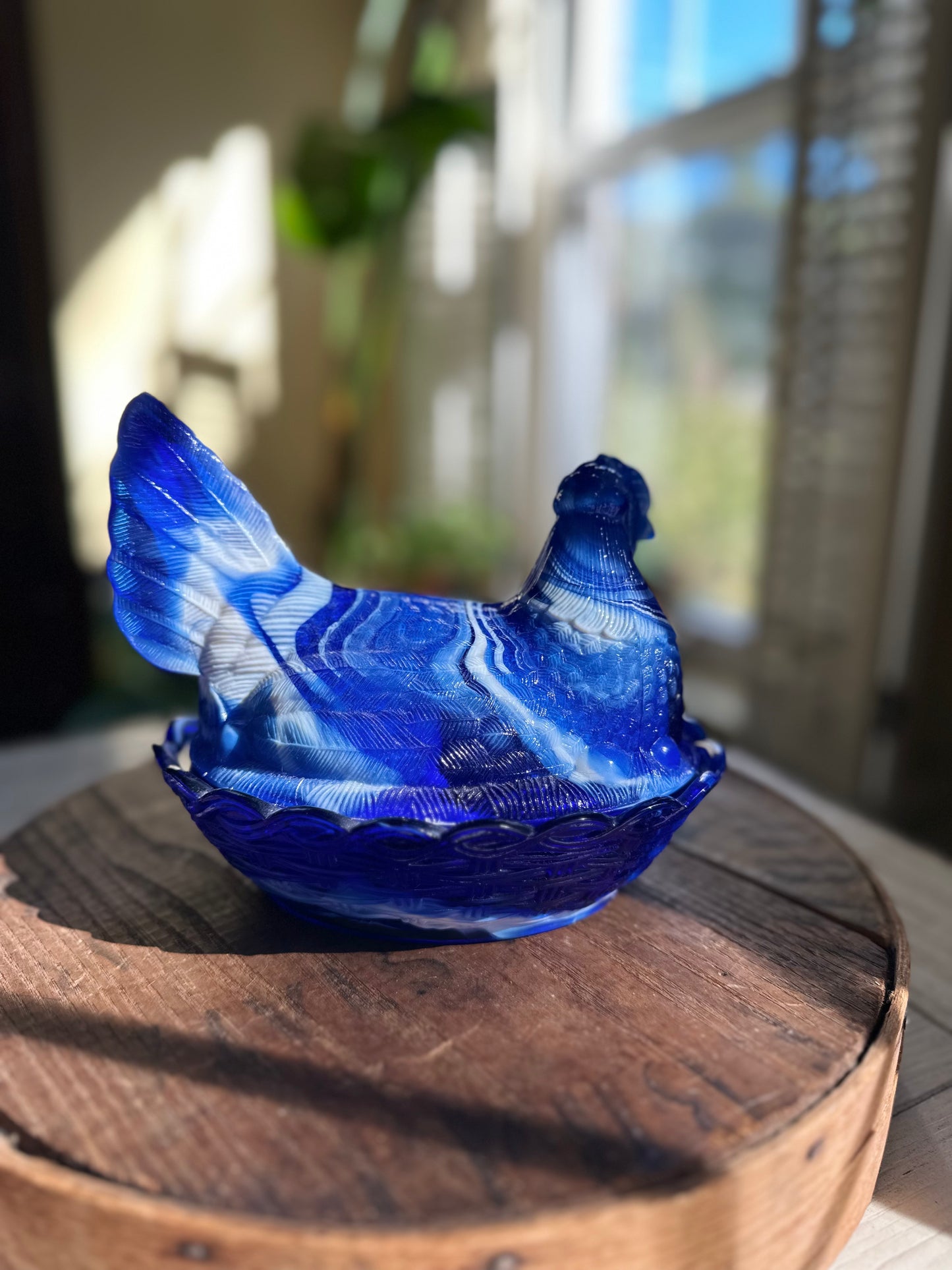 Vintage Blue & White Slag Glass Hen on Nest