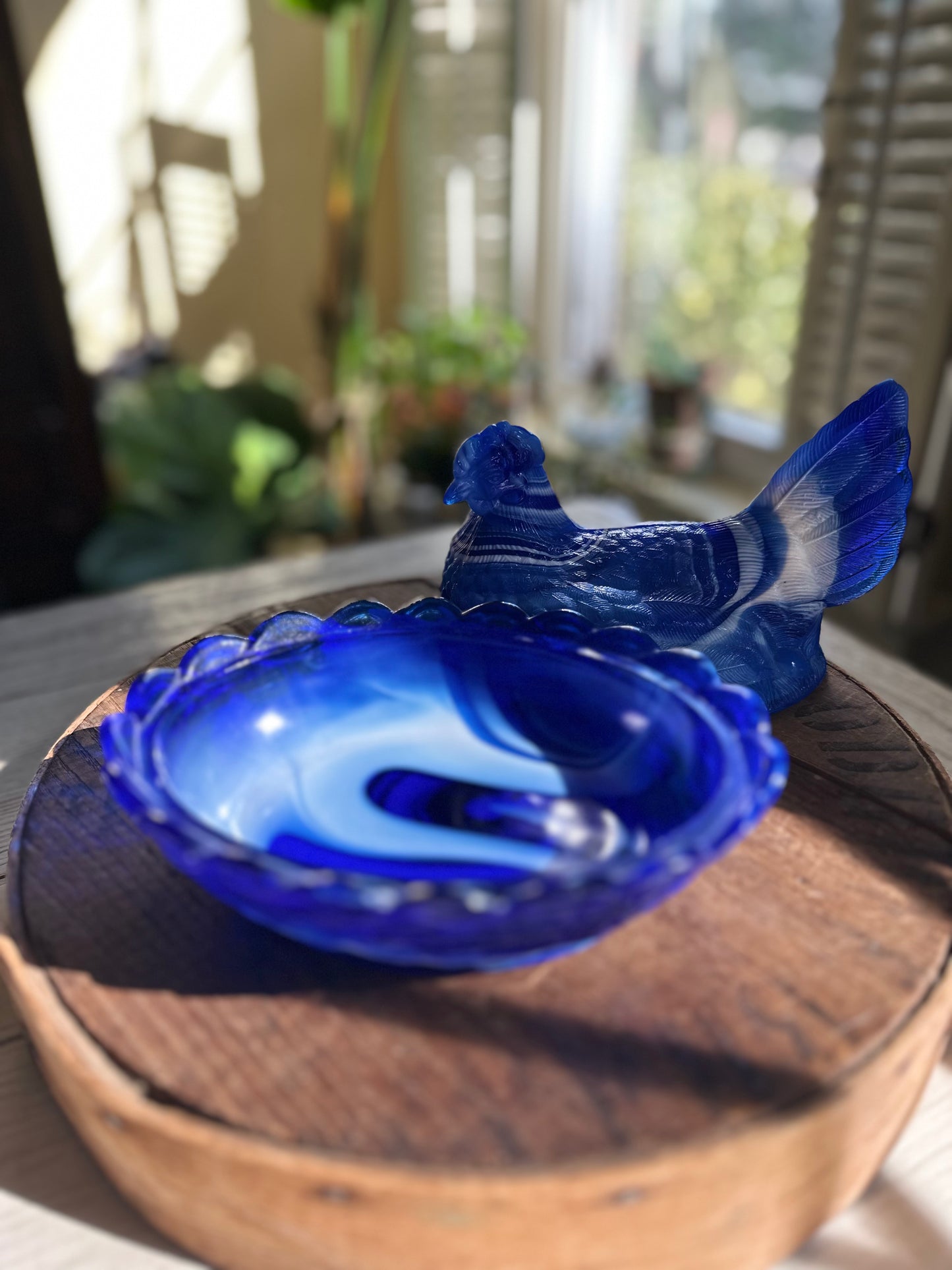 Vintage Blue & White Slag Glass Hen on Nest