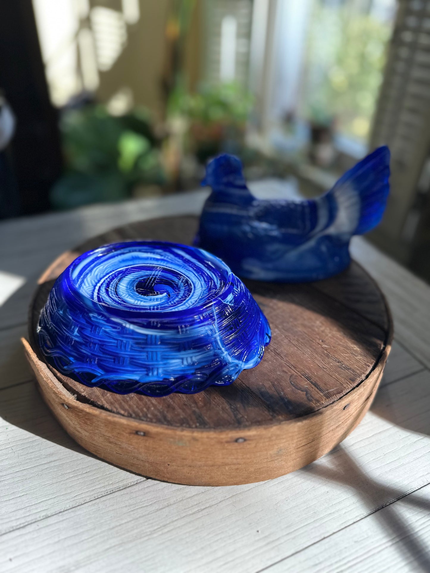 Vintage Blue & White Slag Glass Hen on Nest