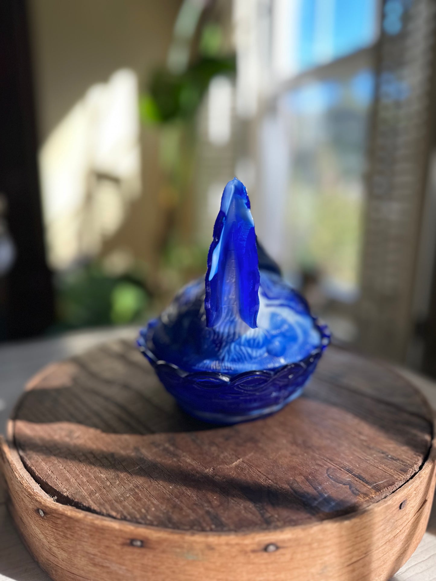 Vintage Blue & White Slag Glass Hen on Nest