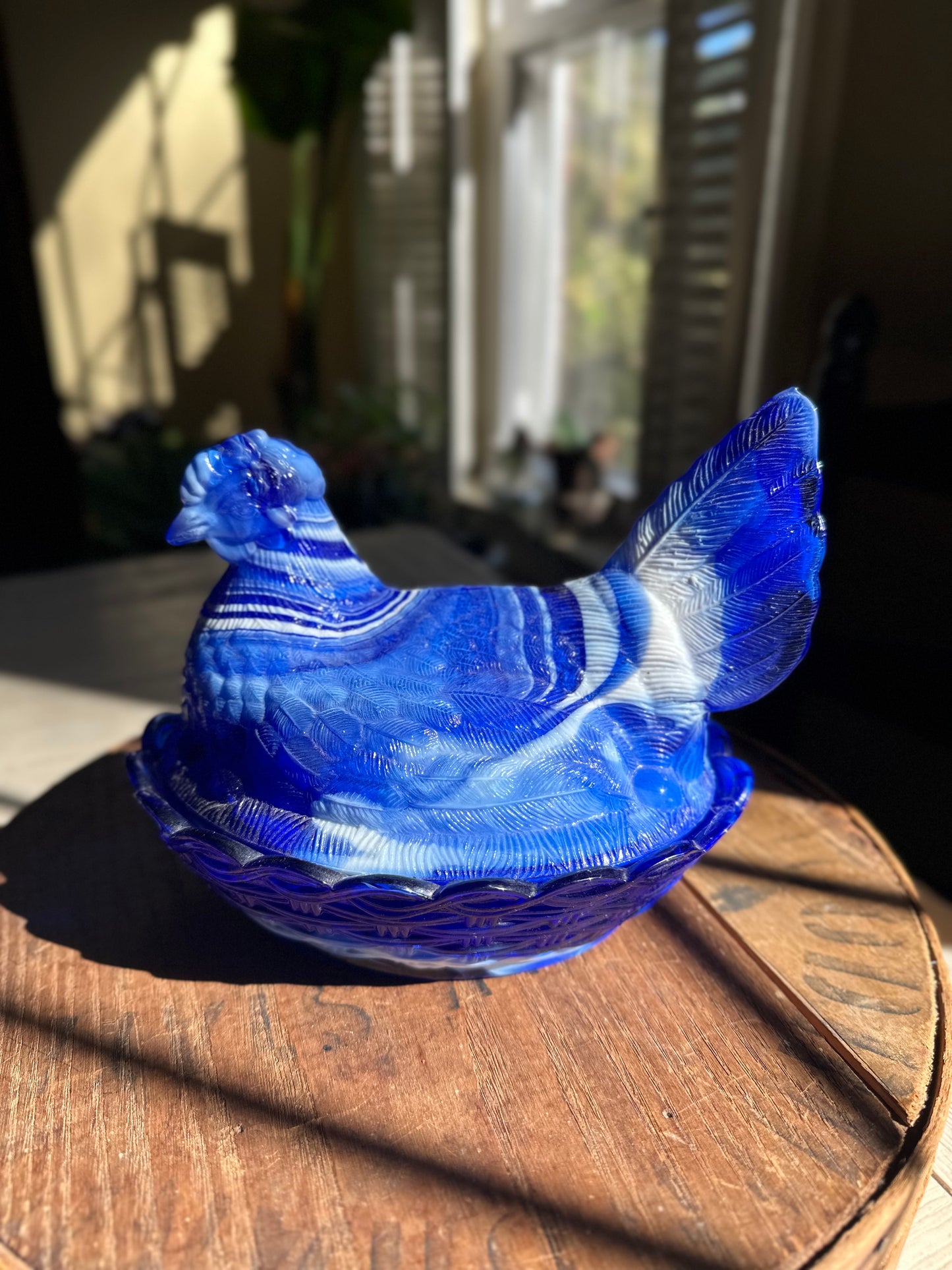 Vintage Blue & White Slag Glass Hen on Nest