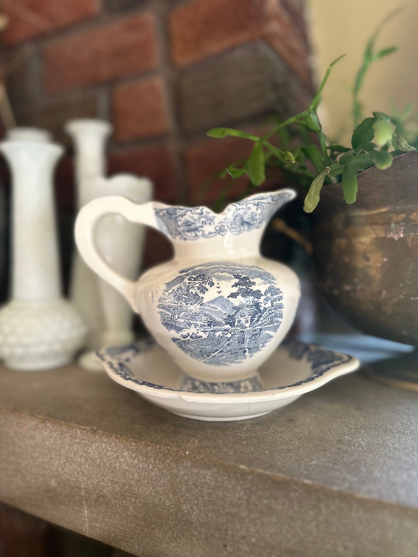 Vintage Blue & White Pitcher with MatchingUnderplate