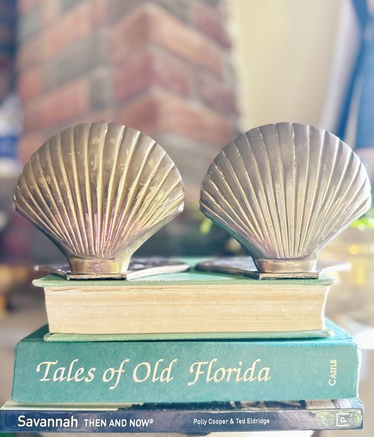 Vintage Solid Brass Shell Bookends | Coastal Nautical Decor | Pair
