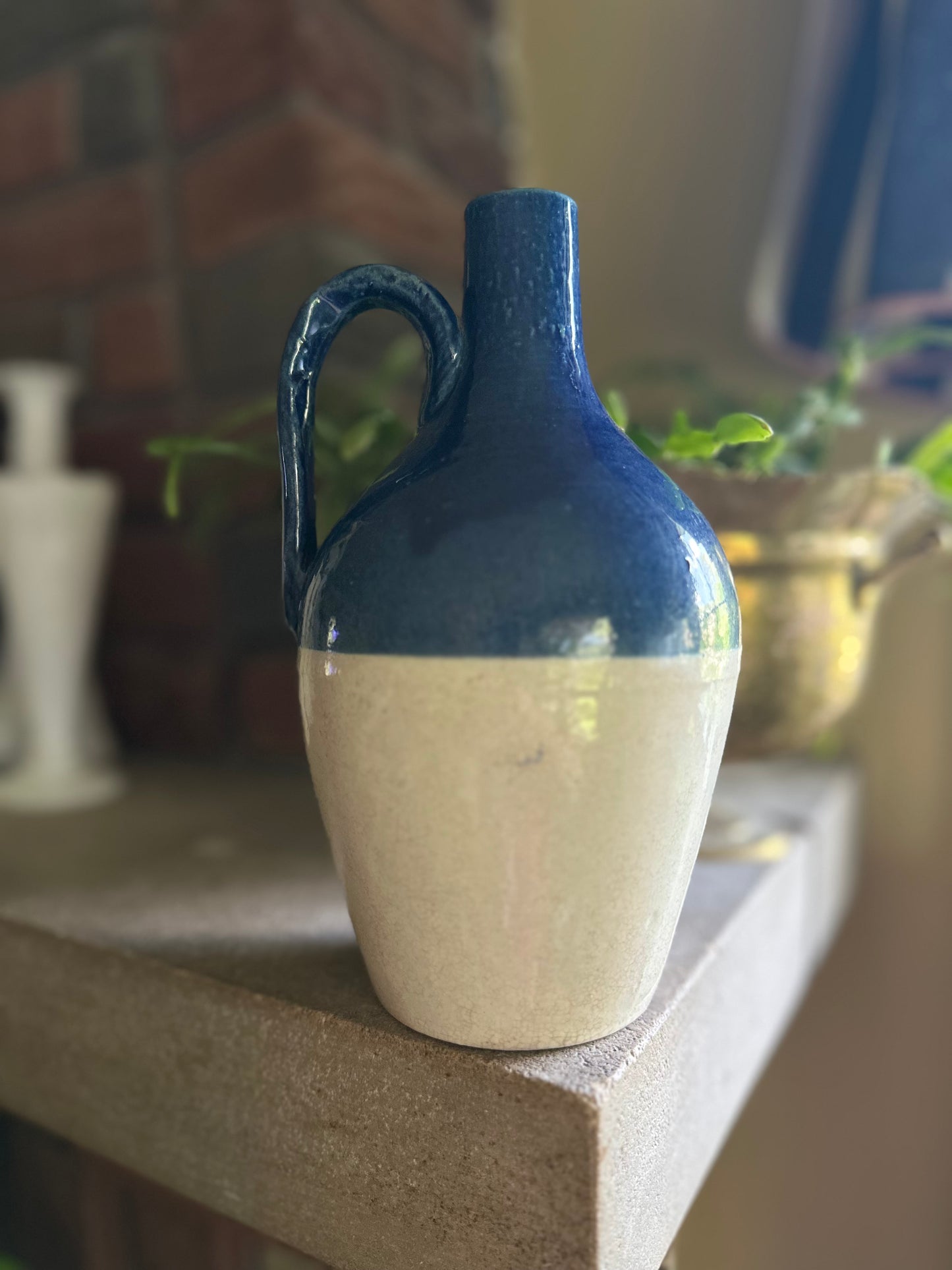 Vintage Blue & Cream Stoneware Jug Vase
