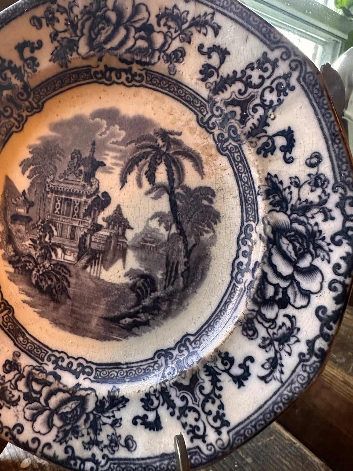 Antique 1840s Davenport Cyprus Ironstone Plate (9.25 inches)| Flow Black Transferware | Chinoiserie | Gothic Decor