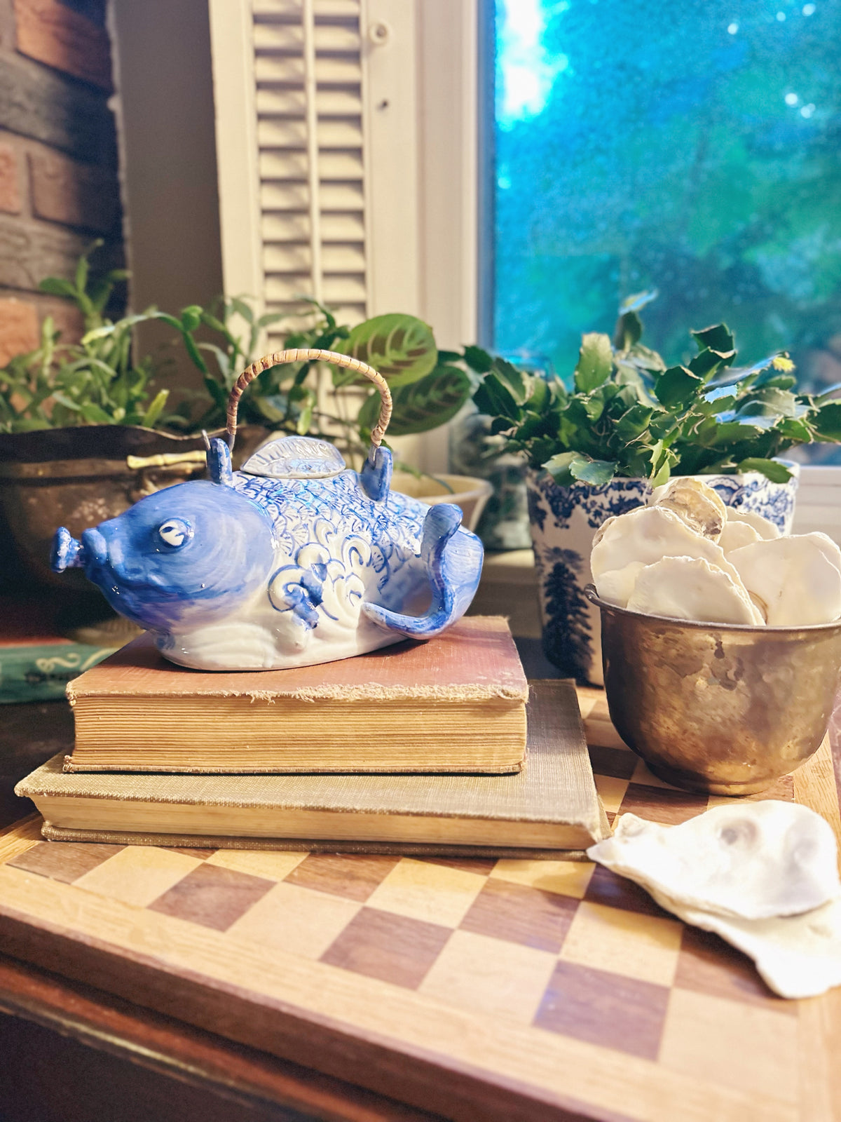 Vintage Blue & White Fish Tea Pot