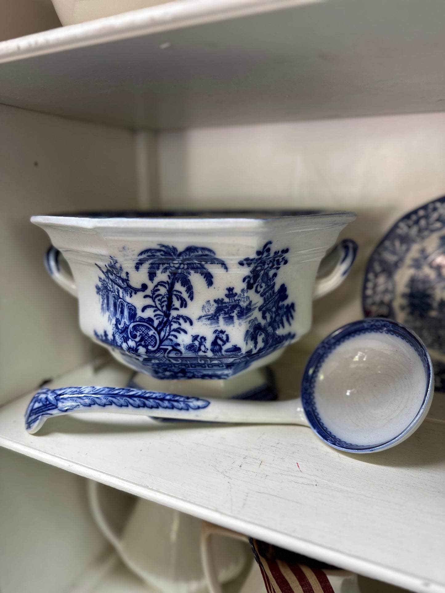Antique Flow Blue William Adams "Kyber" Soup Tureen Base & Matching Ladle Set