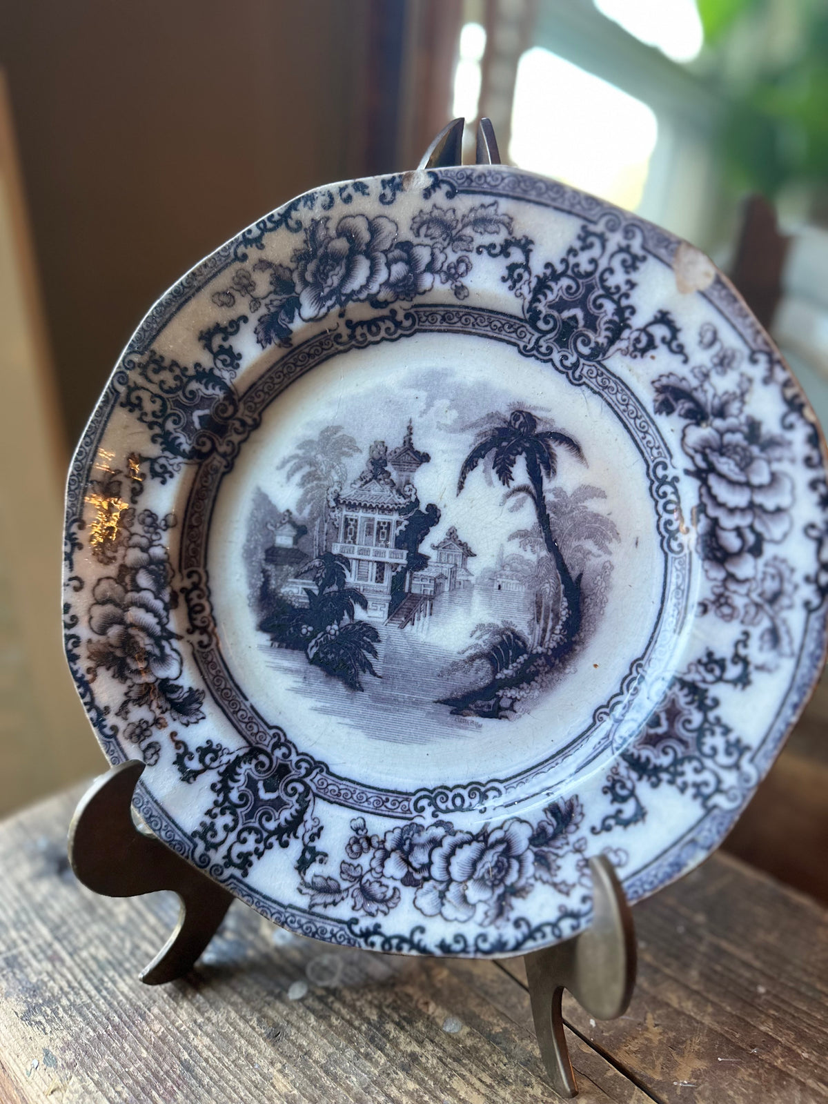 Antique 1840s Davenport Cyprus Ironstone Plate(8.25 inches) | Flow Black Transferware | Chinoiserie | Gothic Decor