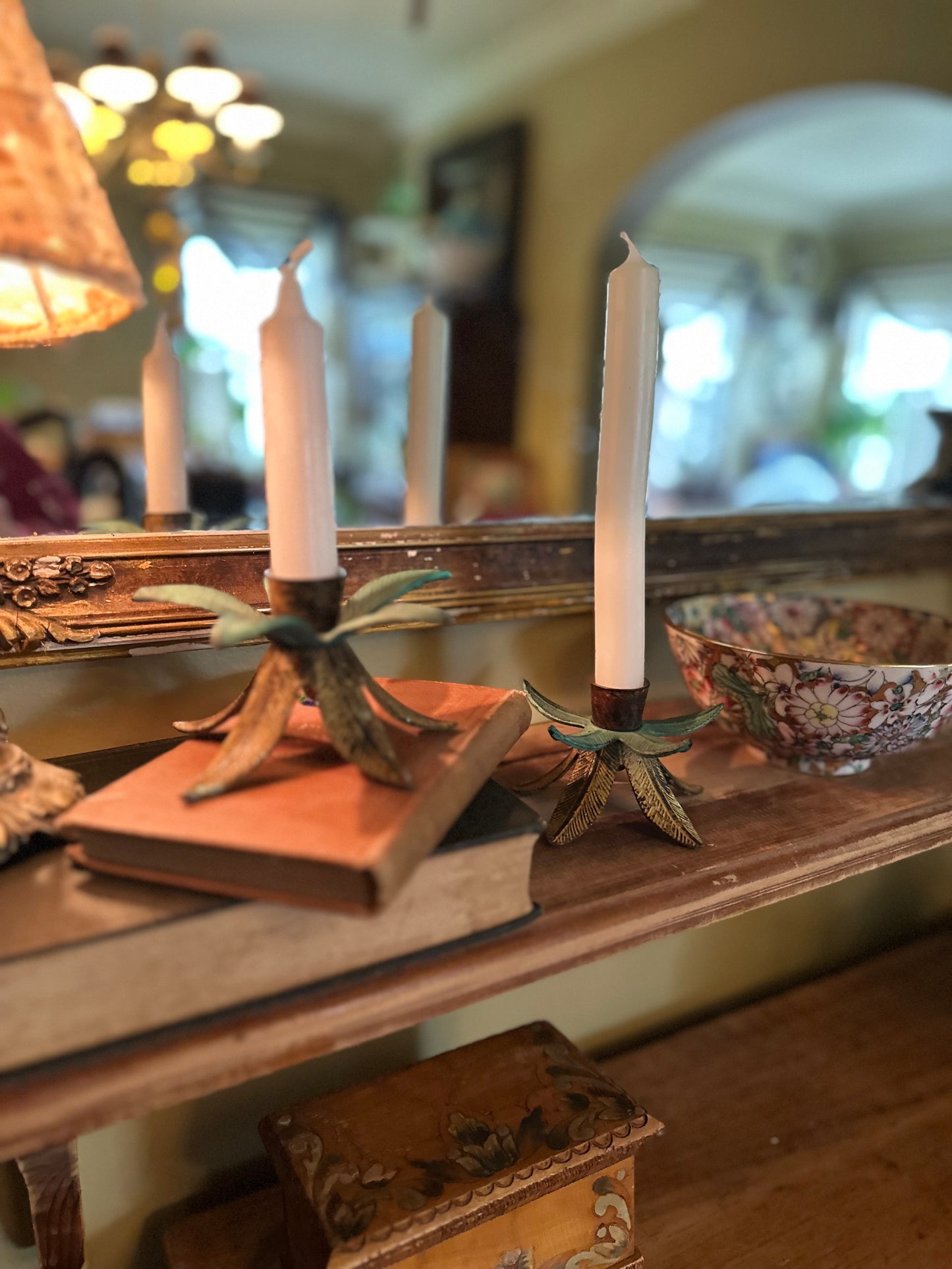 Vintage Bronze Palm Tree Taper Candle Holders (set of 2)