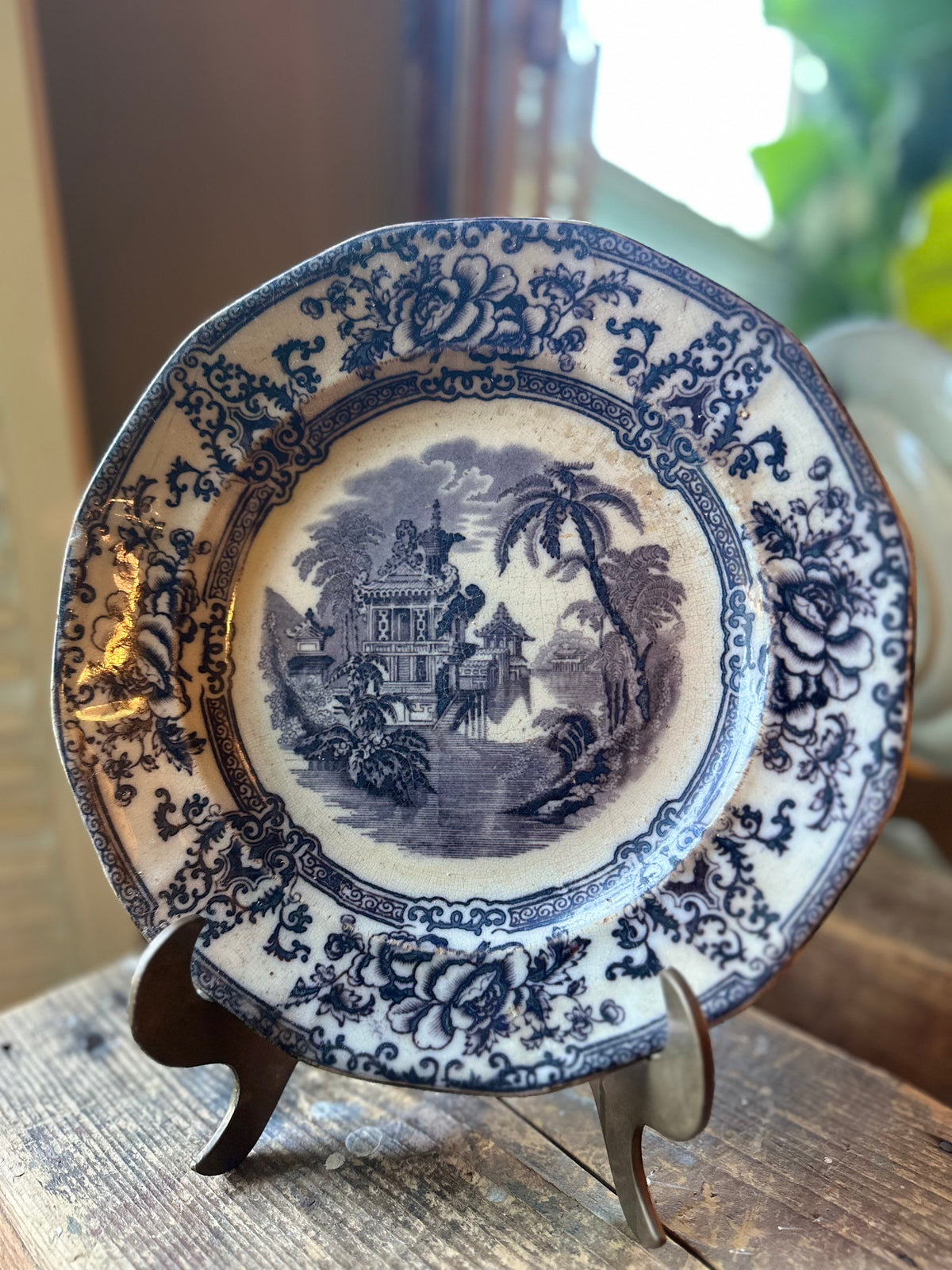 Antique 1840s Davenport Cyprus Ironstone Plate (9.25 inches)| Flow Black Transferware | Chinoiserie | Gothic Decor