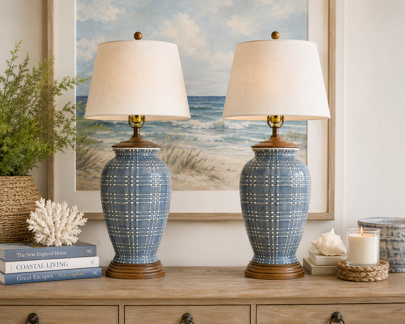 Pair of Vintage Blue Plaid Ginger Jar Lamps