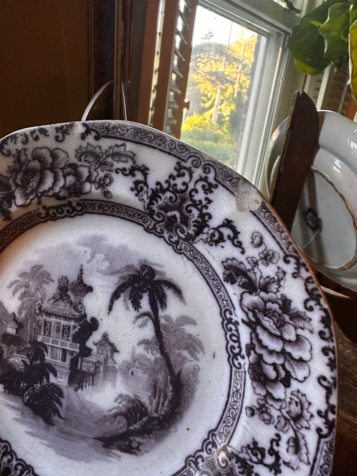 Antique 1840s Davenport Cyprus Ironstone Plate(8.25 inches) | Flow Black Transferware | Chinoiserie | Gothic Decor