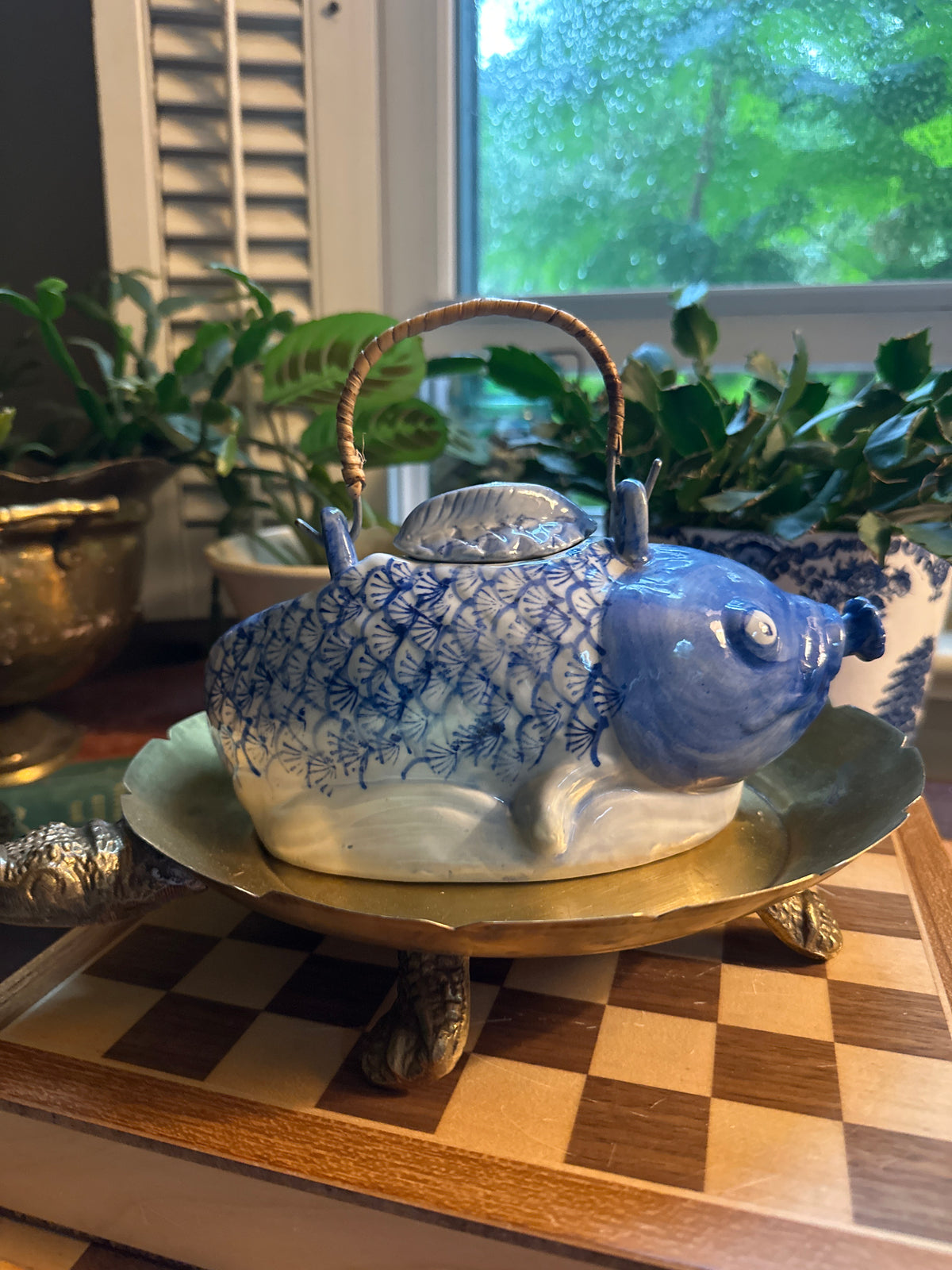 Vintage Blue & White Fish Tea Pot