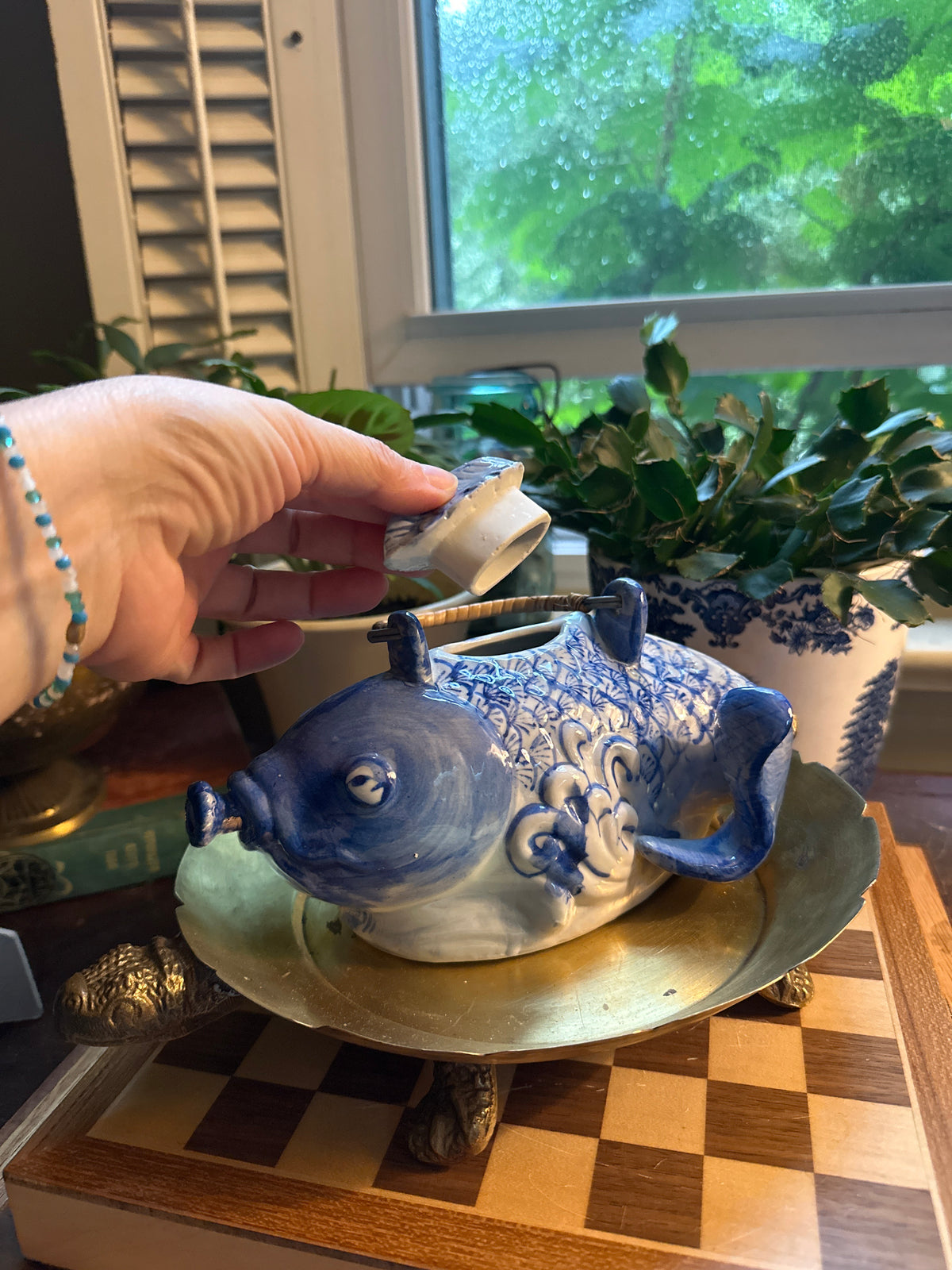 Vintage Blue & White Fish Tea Pot