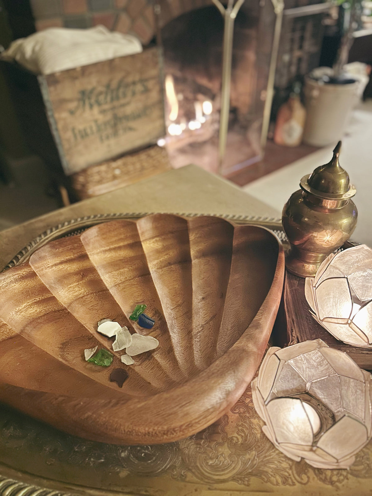 Vintage Carved Monkey Pod Wood Shell Bowl