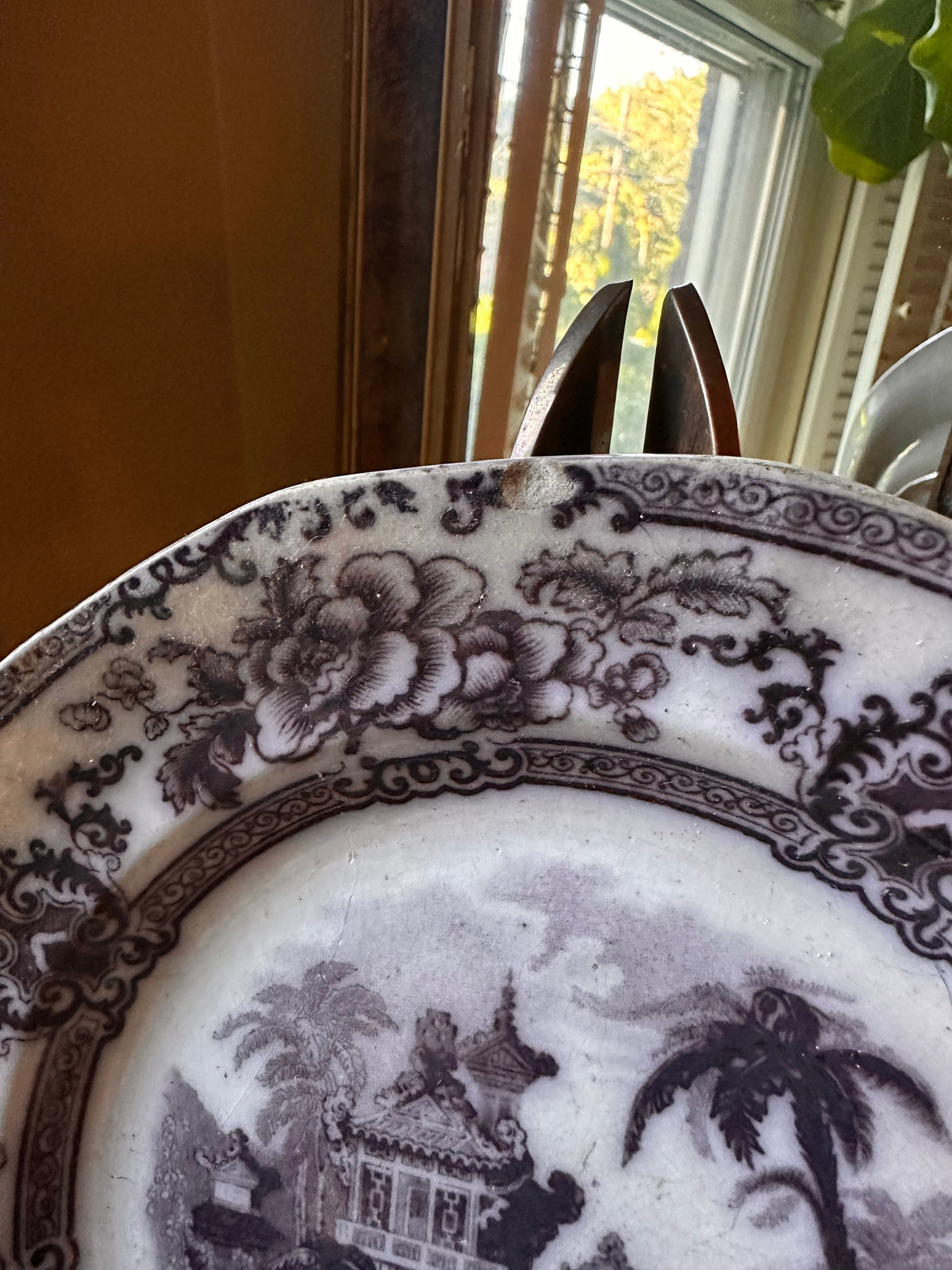 Antique 1840s Davenport Cyprus Ironstone Plate(8.25 inches) | Flow Black Transferware | Chinoiserie | Gothic Decor