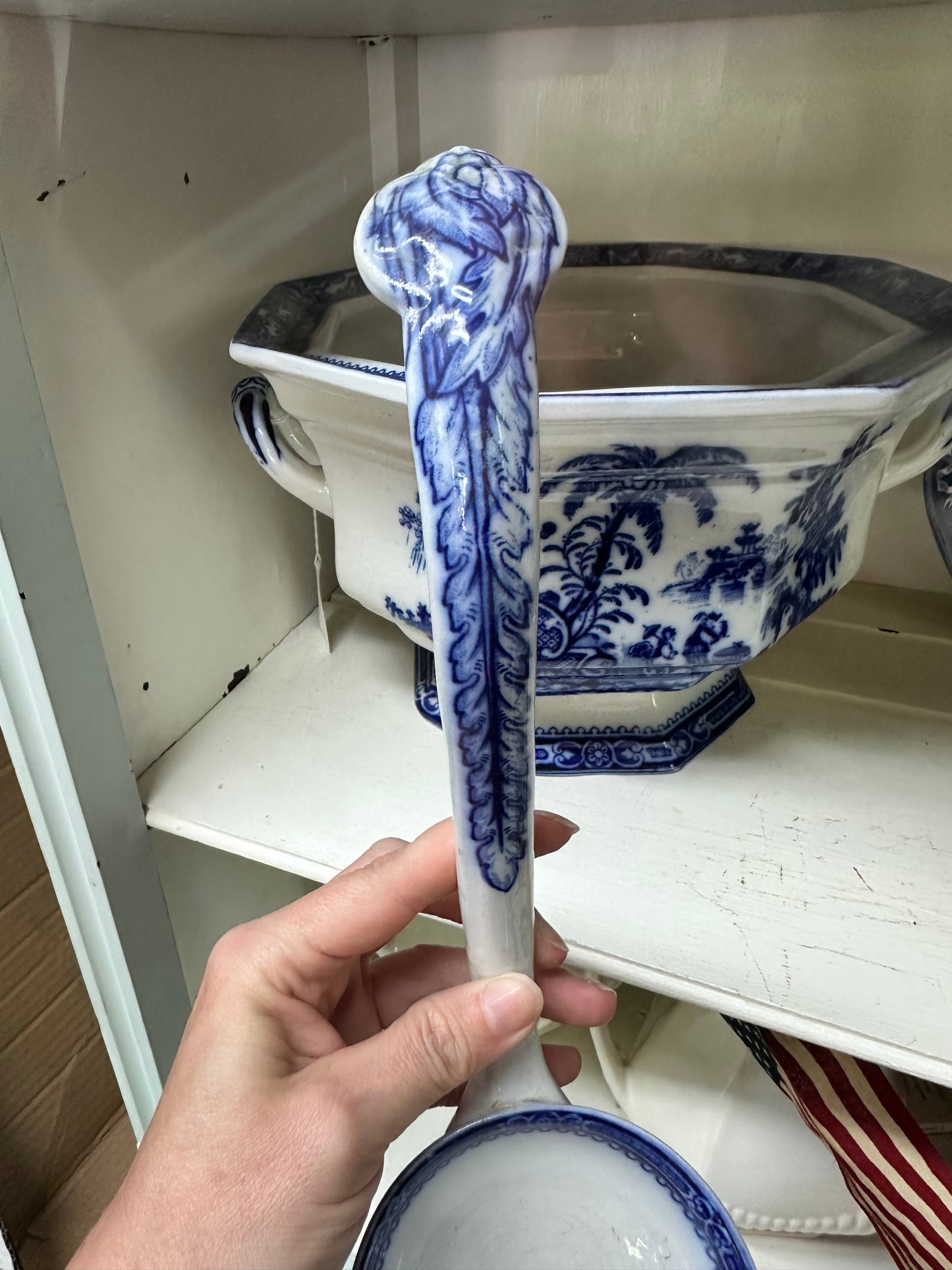Antique Flow Blue William Adams "Kyber" Soup Tureen Base & Matching Ladle Set
