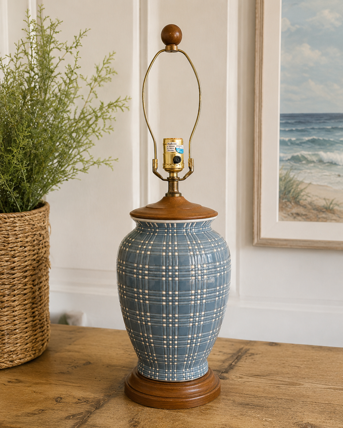 Pair of Vintage Blue Plaid Ginger Jar Lamps