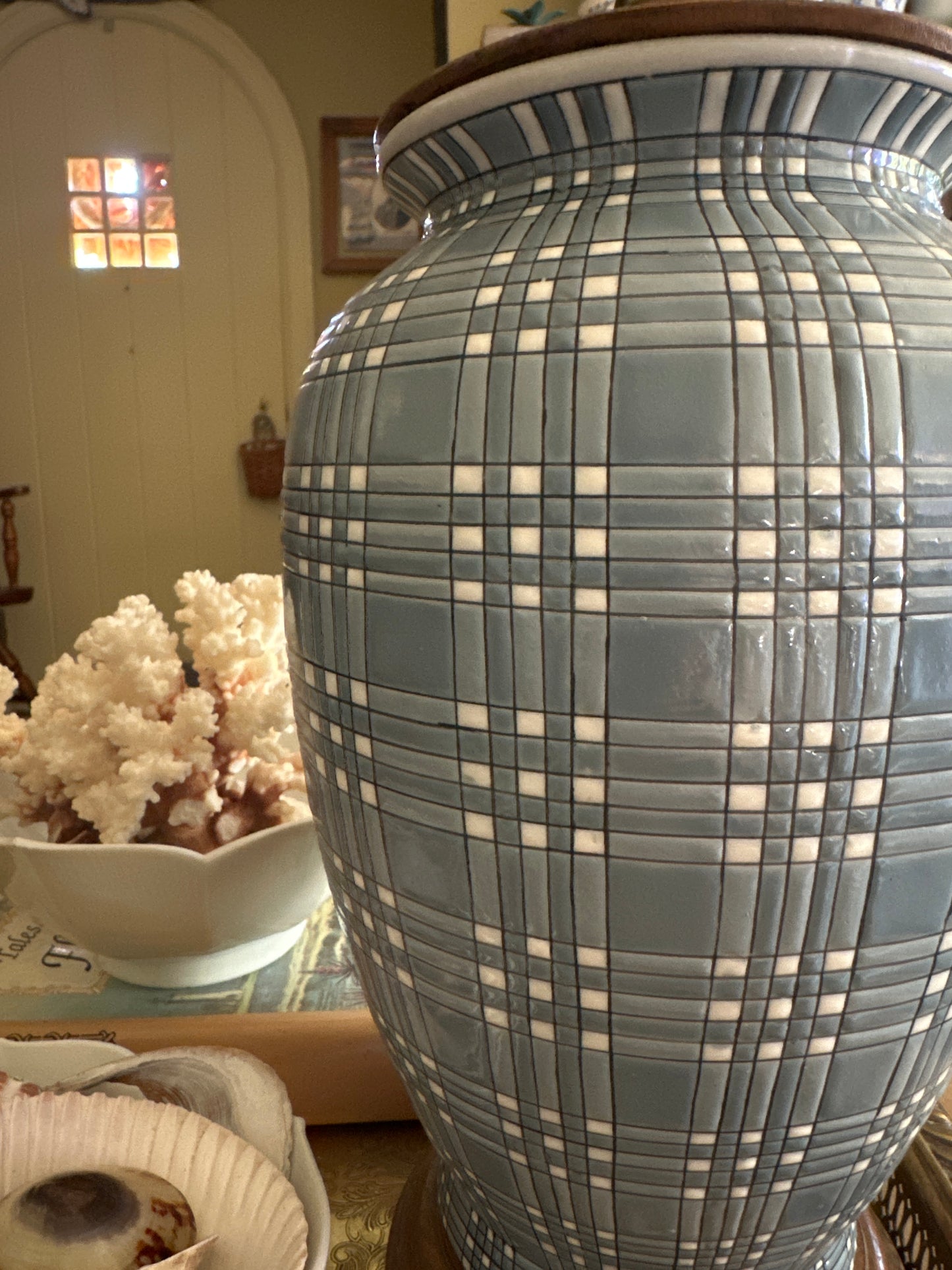 Pair of Vintage Blue Plaid Ginger Jar Lamps
