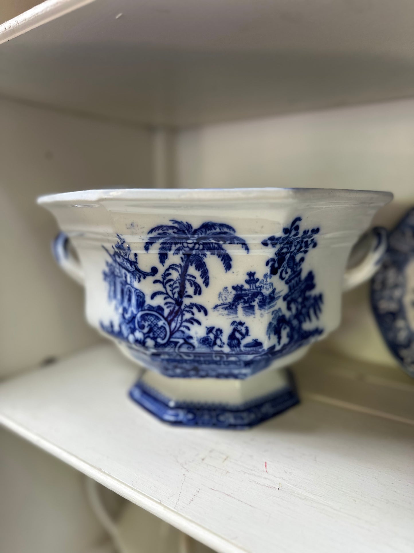 Antique Flow Blue William Adams "Kyber" Soup Tureen Base & Matching Ladle Set