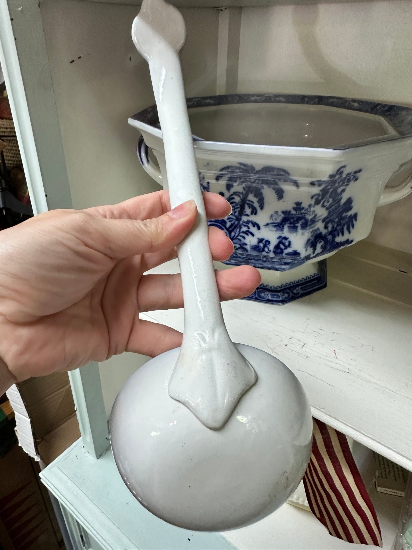 Antique Flow Blue William Adams "Kyber" Soup Tureen Base & Matching Ladle Set