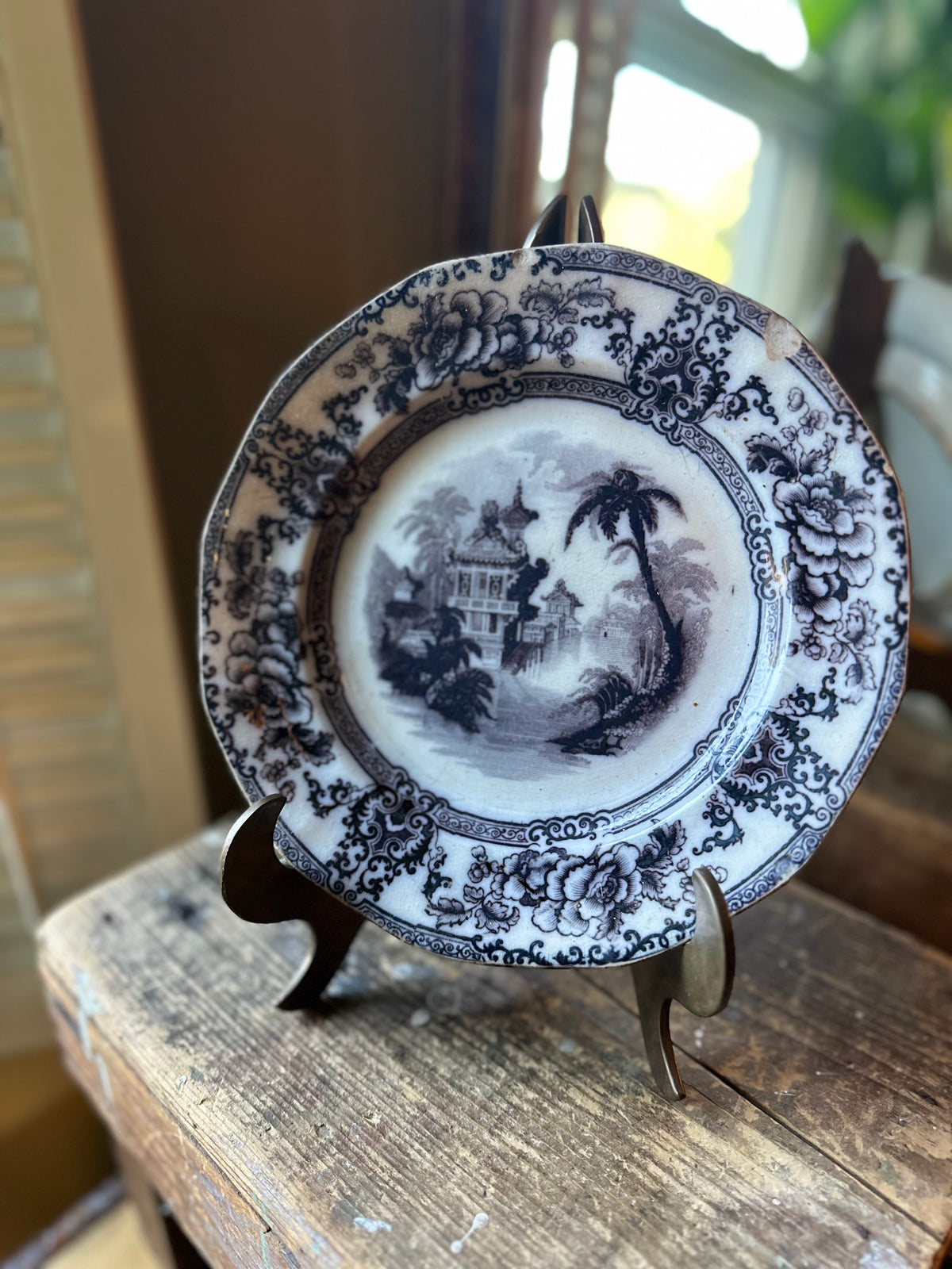 Antique 1840s Davenport Cyprus Ironstone Plate(8.25 inches) | Flow Black Transferware | Chinoiserie | Gothic Decor
