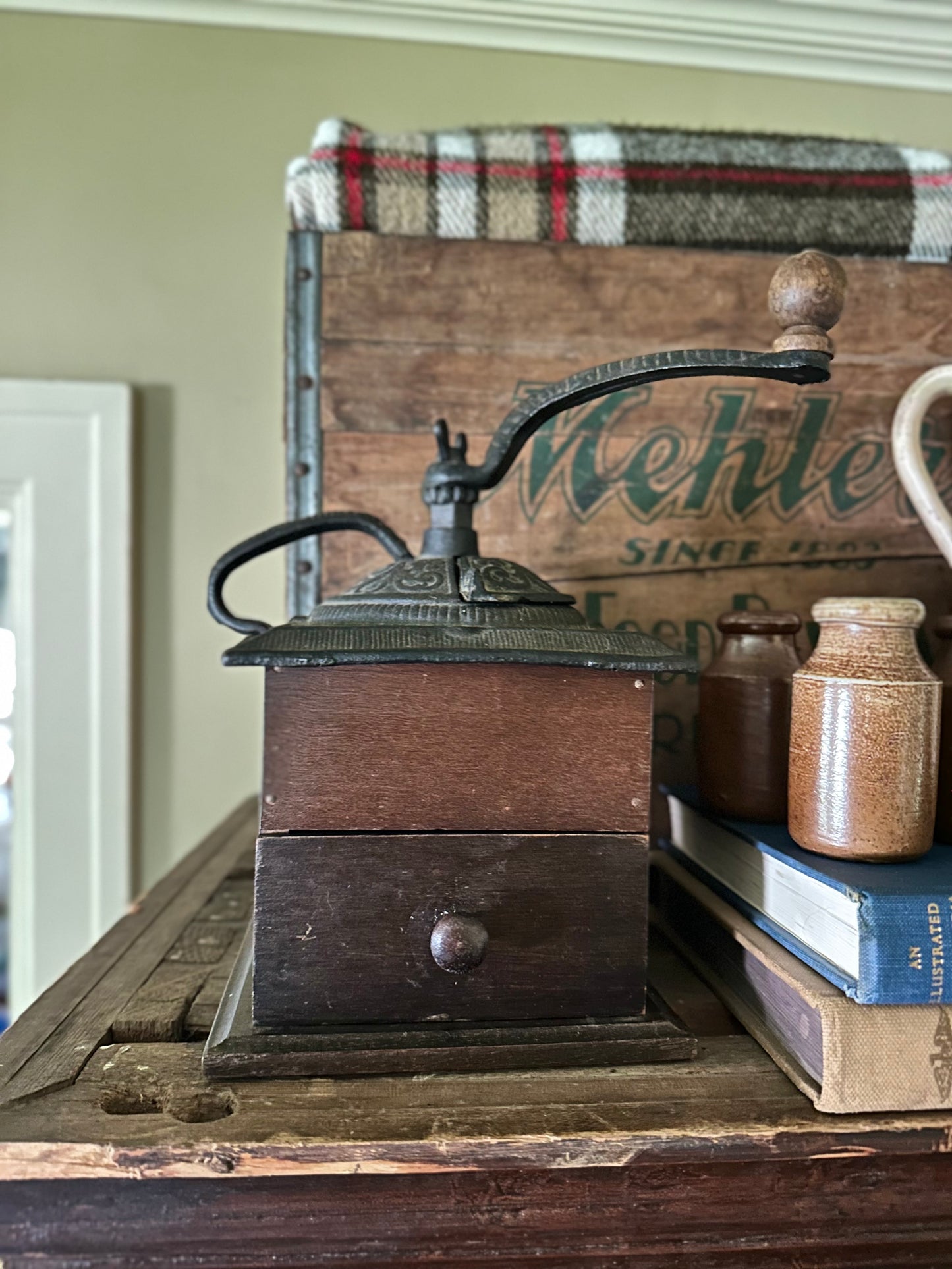 Vintage Wood & Cast Iron Coffee Grinder