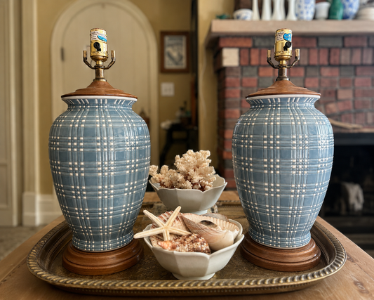 Pair of Vintage Blue Plaid Ginger Jar Lamps