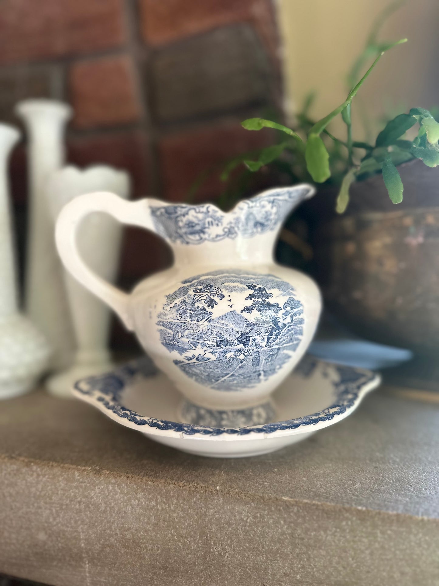 Vintage Blue & White Pitcher with MatchingUnderplate