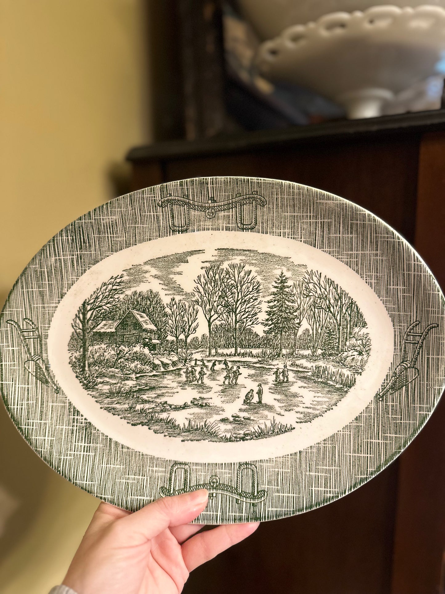 Vintage SCIO Pottery Ironstone Currier & Ives Green Serving Platter