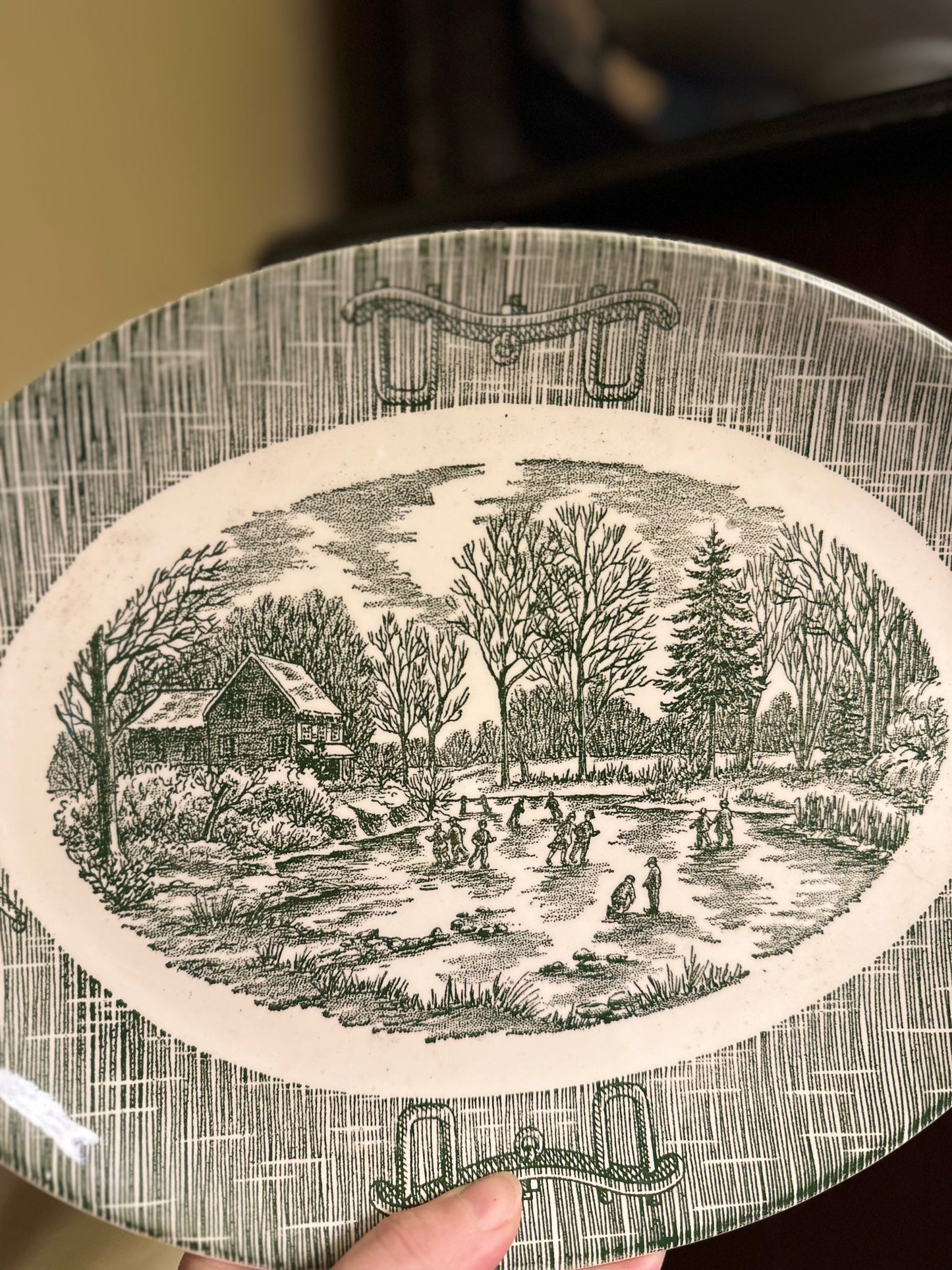 Vintage SCIO Pottery Ironstone Currier & Ives Green Serving Platter