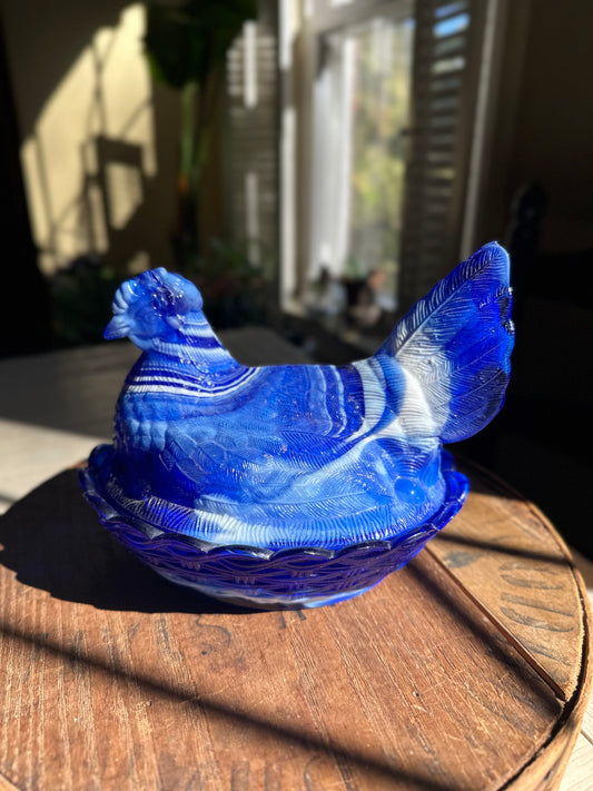Vintage Blue & White Slag Glass Hen on Nest