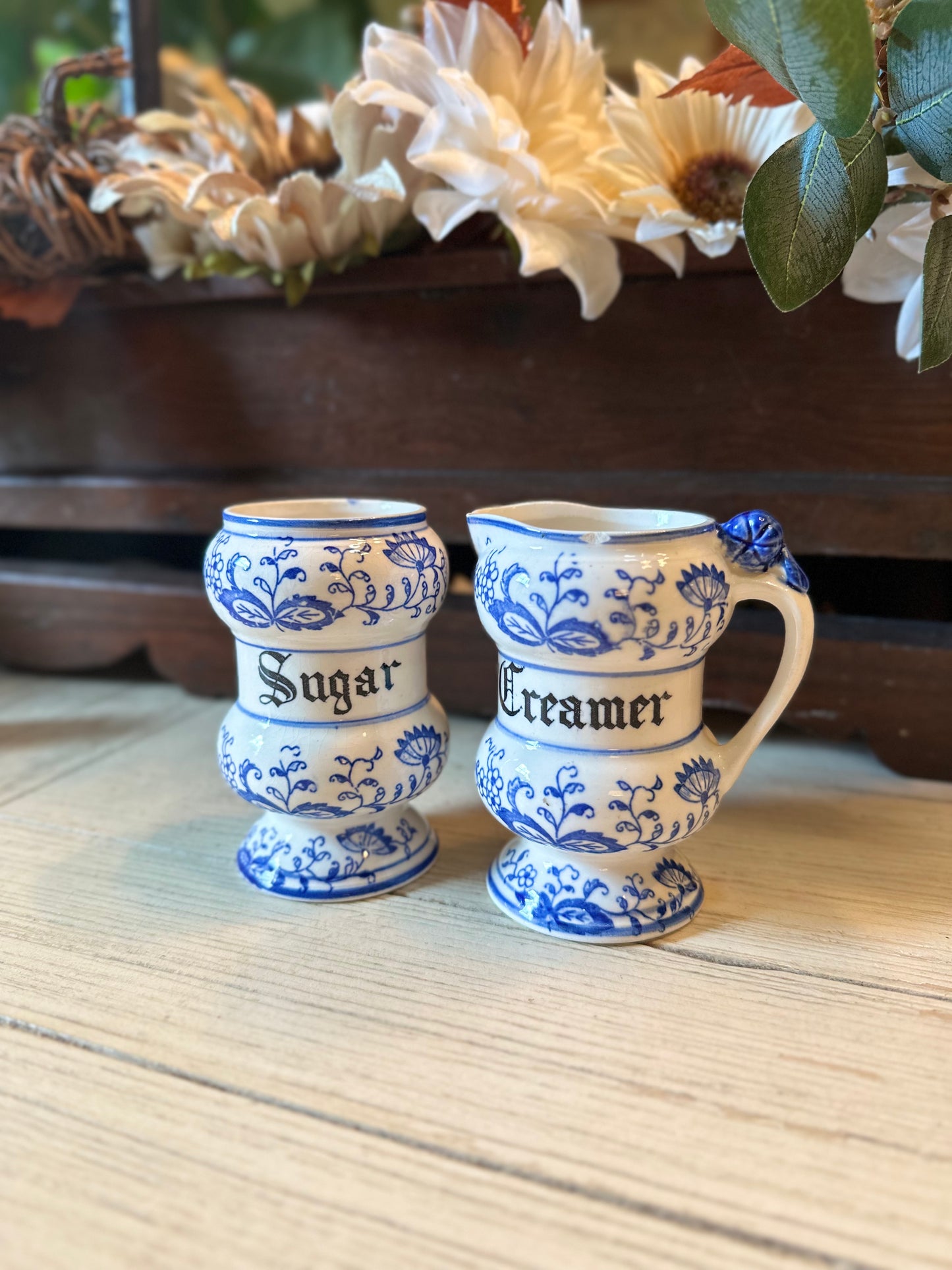 Vintage Blue Onion Creamer & Sugar Set