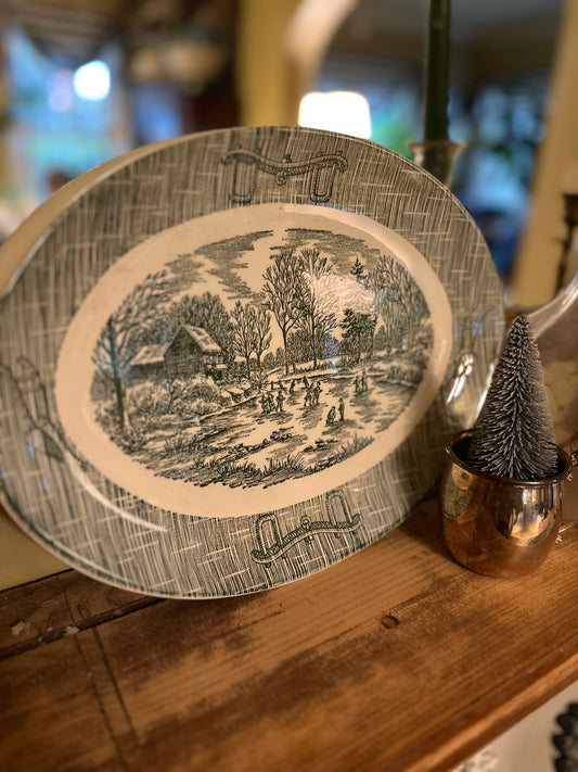 Vintage SCIO Pottery Ironstone Currier & Ives Green Serving Platter
