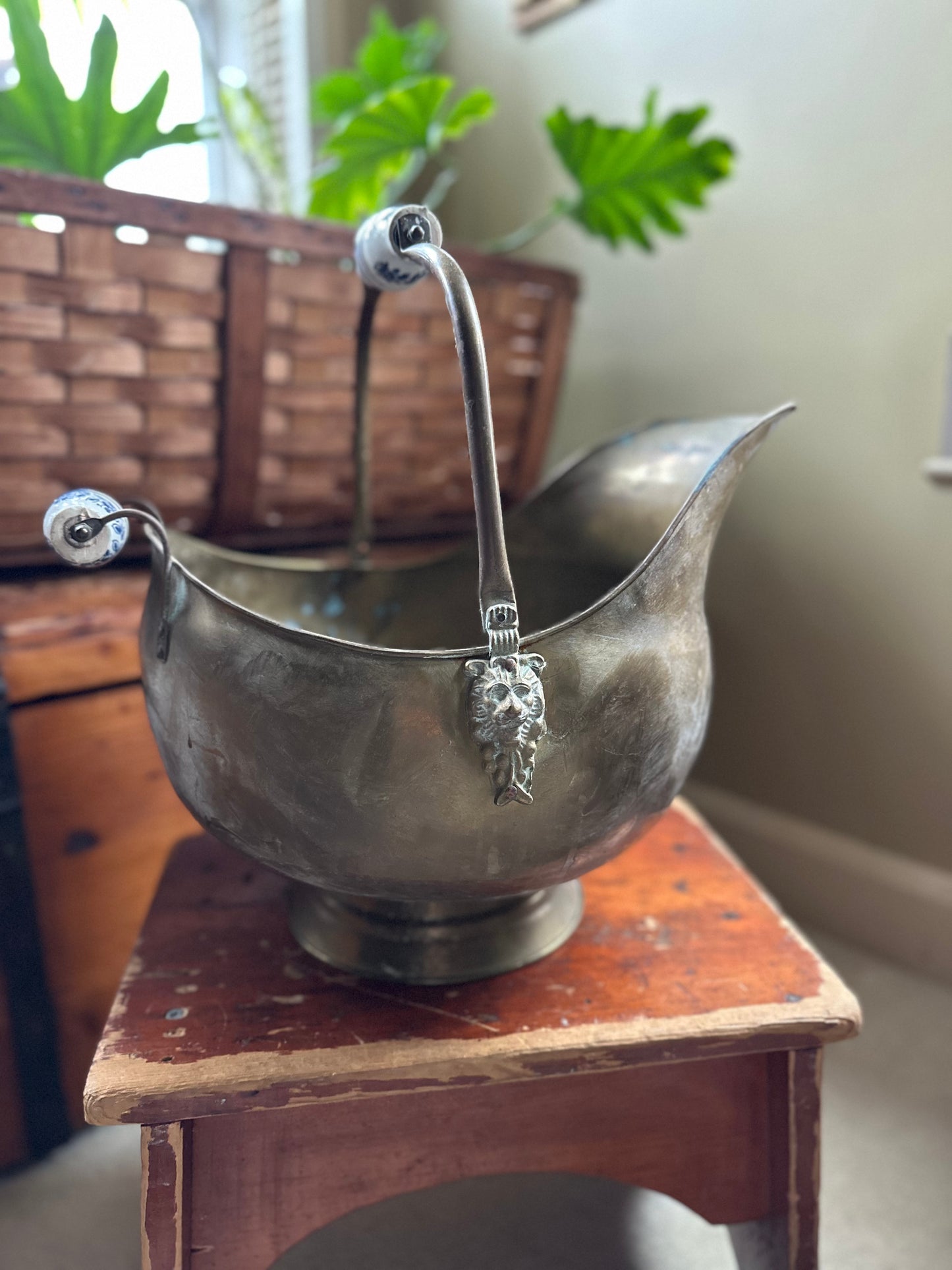 Large Copper Scuttle with Porcelain Handles