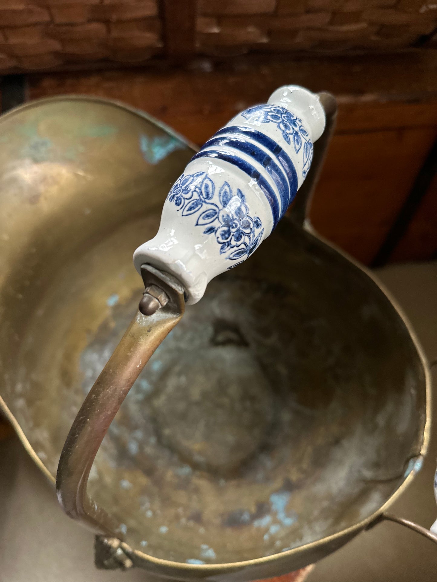 Large Copper Scuttle with Porcelain Handles