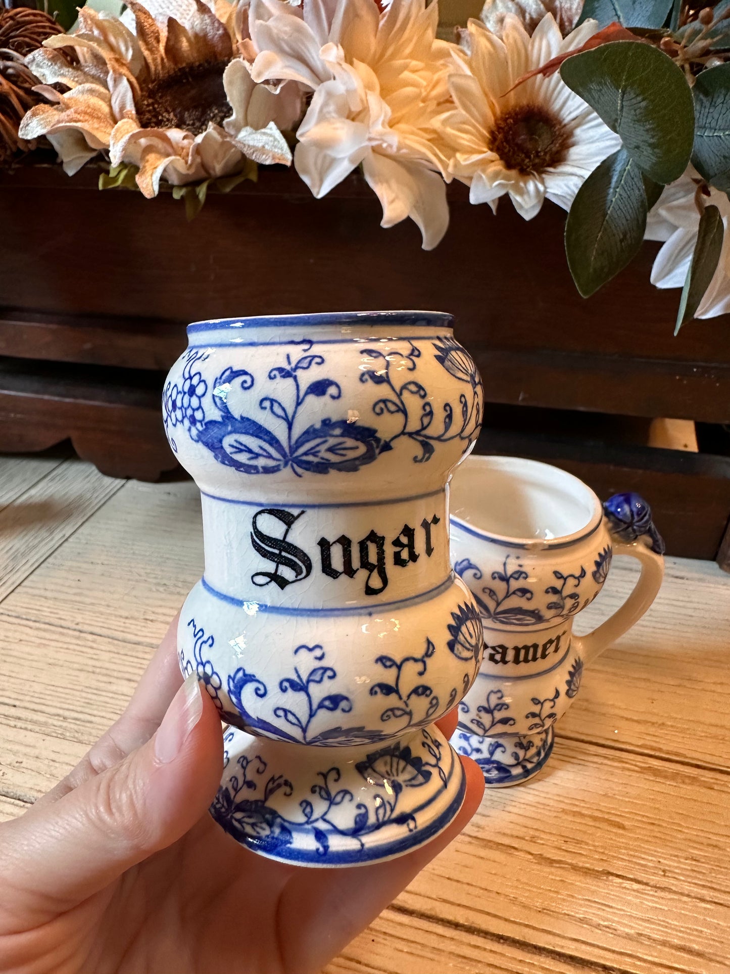 Vintage Blue Onion Creamer & Sugar Set