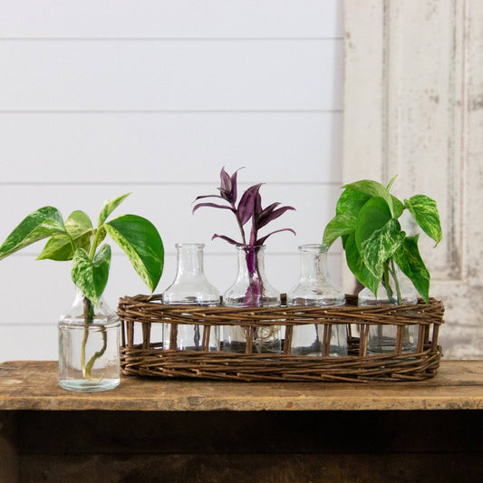 Wicker Basket With Glass Vases